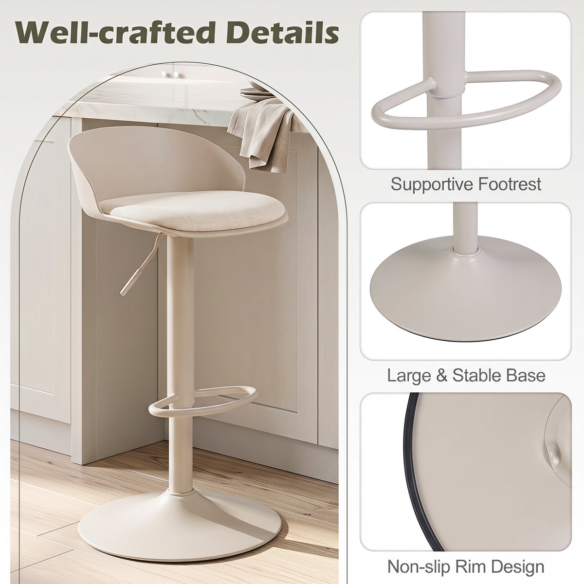 Set of 2 Adjustable Swivel Bar Stools w/ Back & Footrest 330 LBS for Dining-Cream