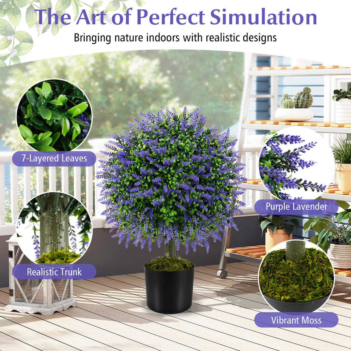 23 Inch Set of 2 Artificial Lavender Topiary Ball Trees with Cement-Filled Pot-Purple