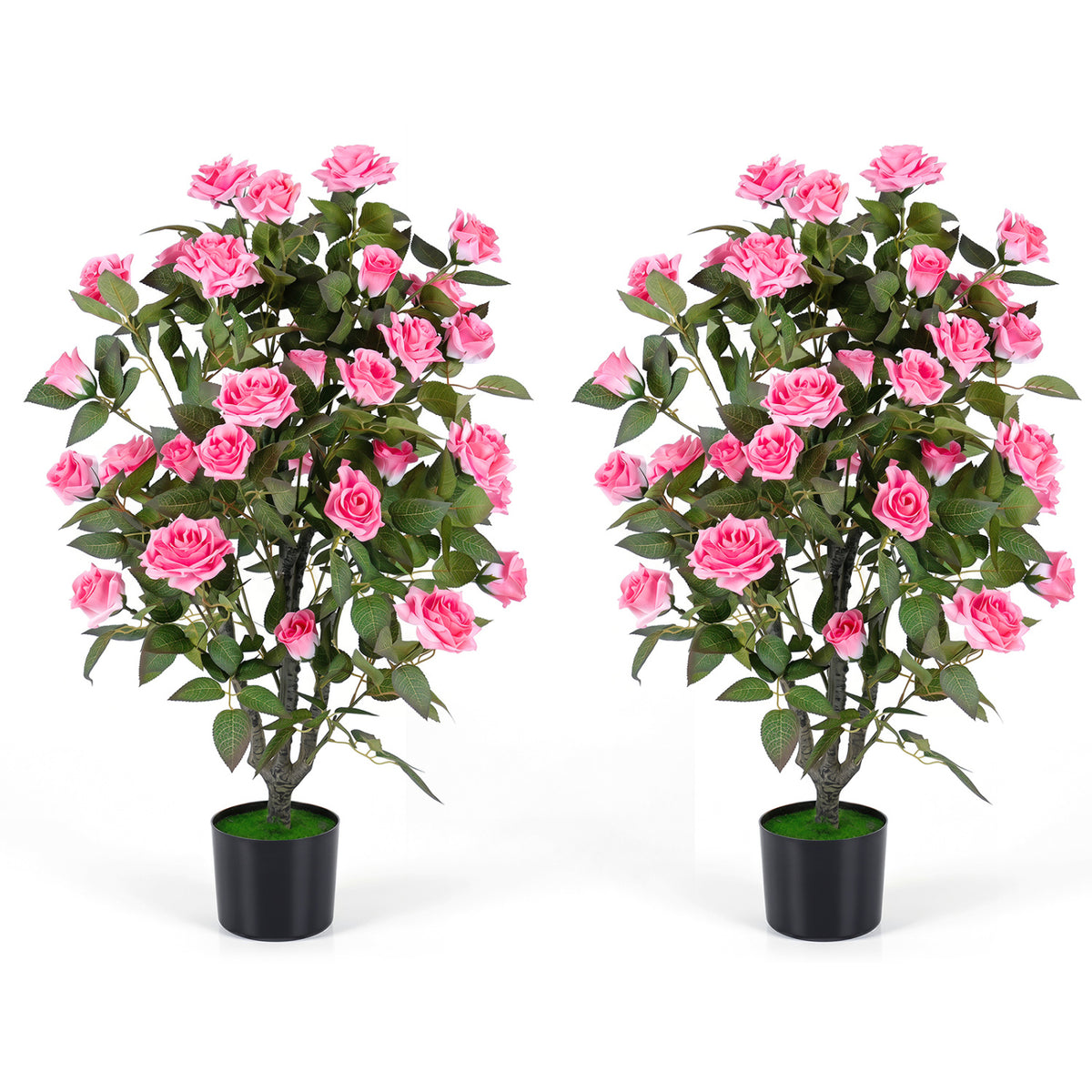 Set of 2 Artificial Rose Tree with Blooming Flowers and Green Leaves for Indoor-Pink