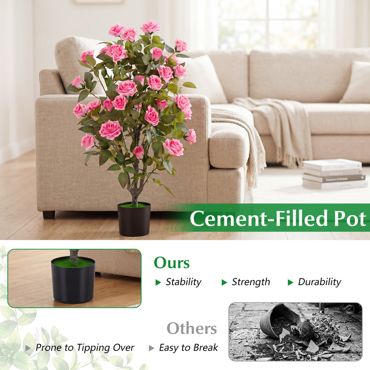 Set of 2 Artificial Rose Tree with Blooming Flowers and Green Leaves for Indoor-Pink