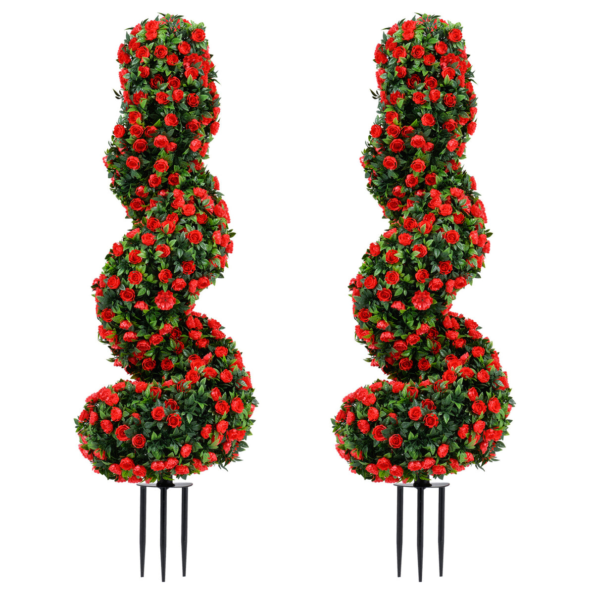 Set of 2 Artificial Spiral Topiary Trees with Sun Protection and Ground Spikes-Red