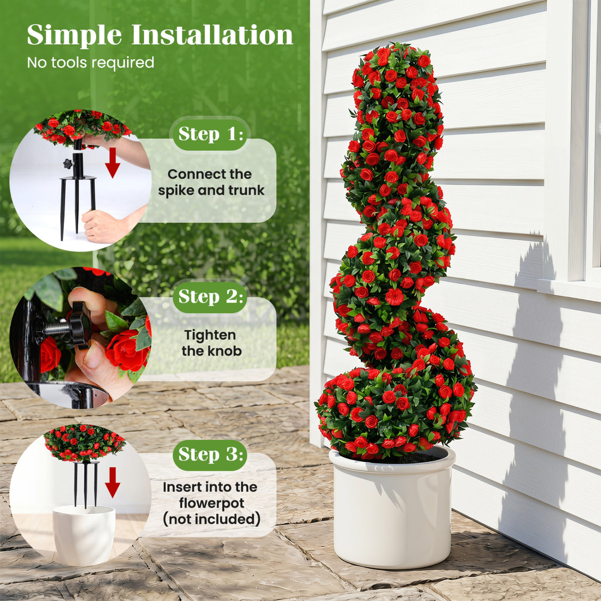 Set of 2 Artificial Spiral Topiary Trees with Sun Protection and Ground Spikes-Red