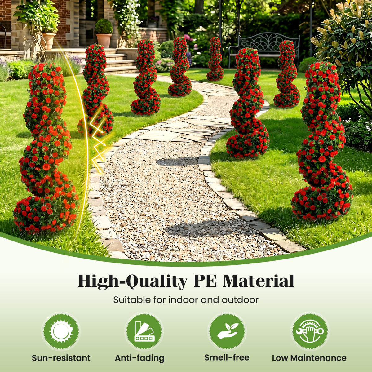 Set of 2 Artificial Spiral Topiary Trees with Sun Protection and Ground Spikes-Red