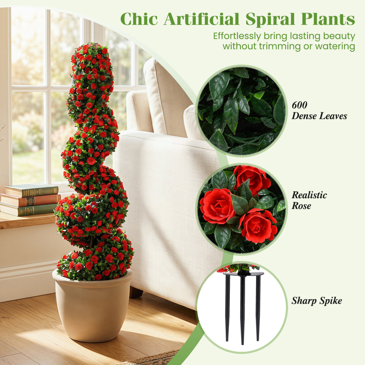 Set of 2 Artificial Spiral Topiary Trees with Sun Protection and Ground Spikes-Red