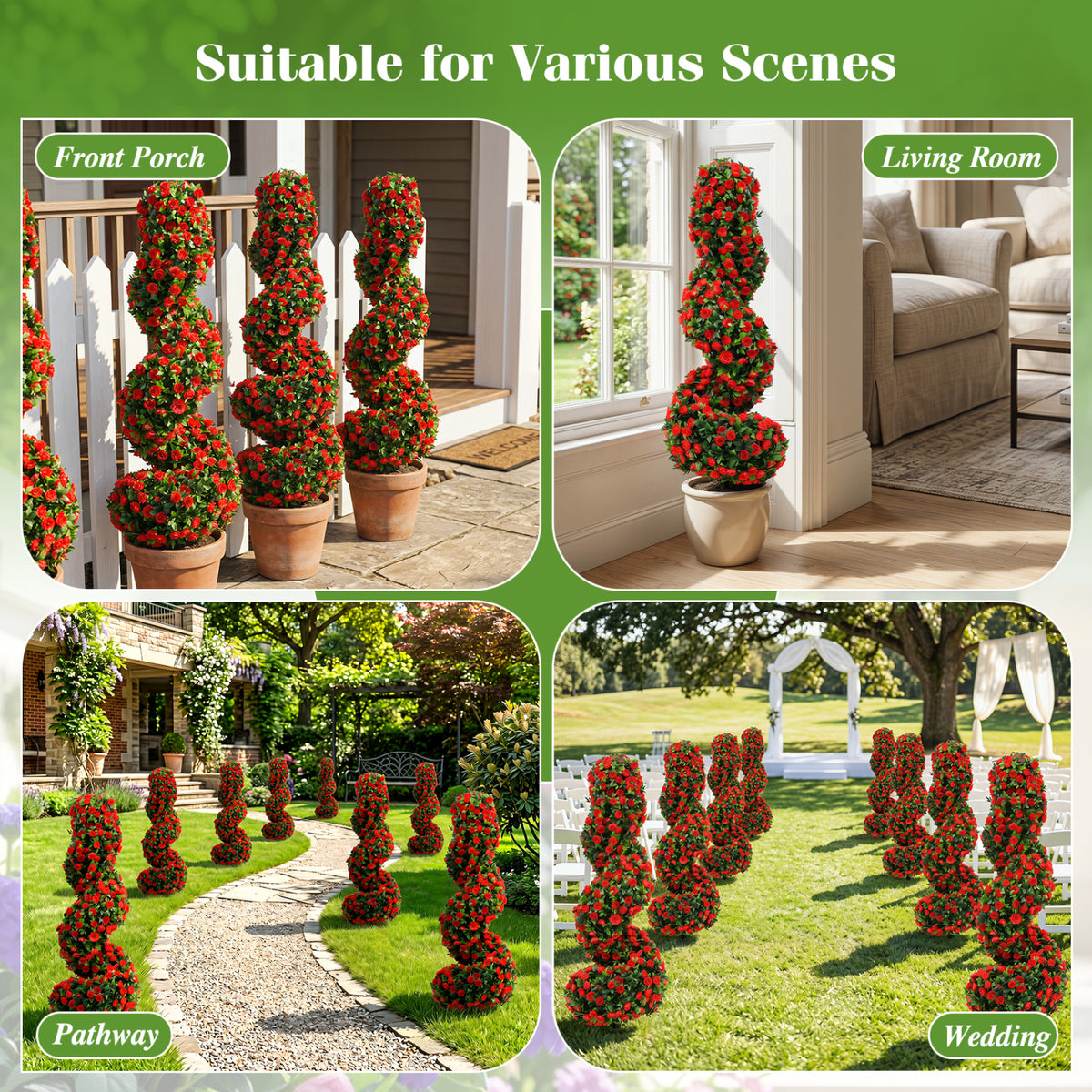 Set of 2 Artificial Spiral Topiary Trees with Sun Protection and Ground Spikes-Red