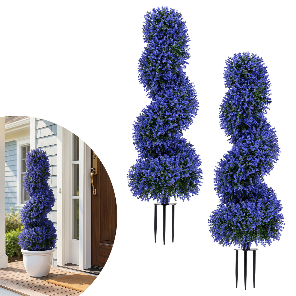 Set of 2 Artificial Spiral Topiary Trees with Sun Protection and Ground Spikes-Purple