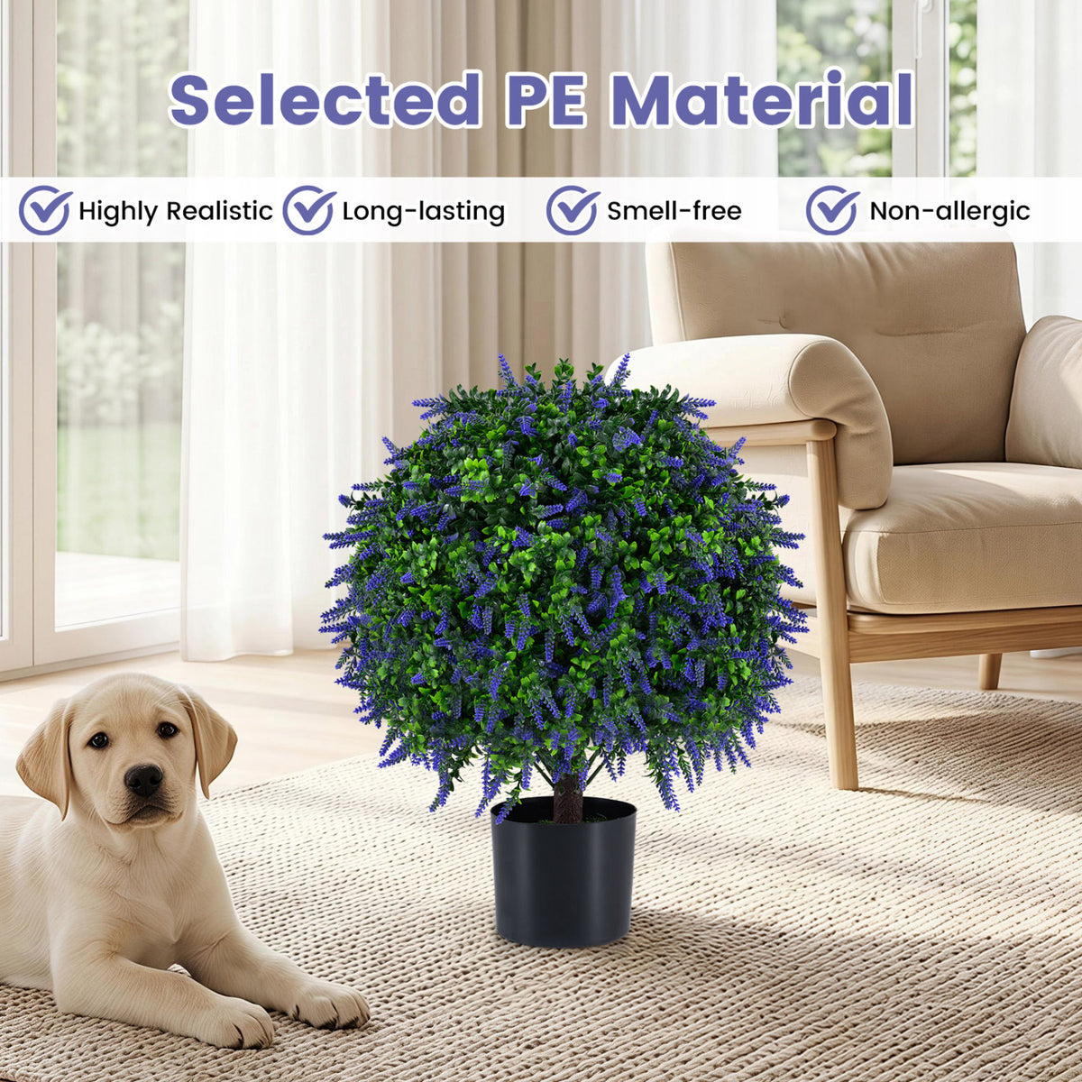 Set of 2 Artificial Lavender Topiary Ball Trees 22 inch Faux Lavender Potted Plants-Purple