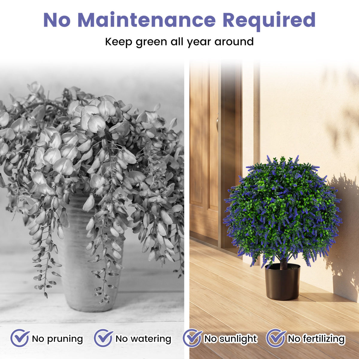 Set of 2 Artificial Lavender Topiary Ball Trees 22 inch Faux Lavender Potted Plants-Purple
