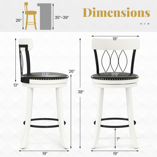 Set of 2 Bar Stools Swivel Bar Chairs with Footrest Rubber Wood Frame and Tufted Rivets-26 inches