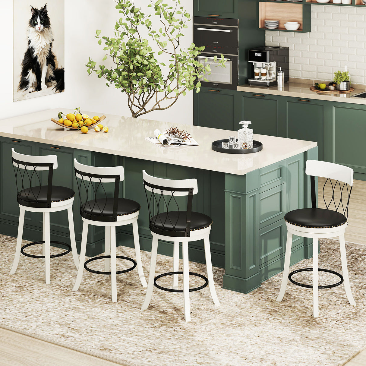 Set of 2 Bar Stools Swivel Bar Chairs with Footrest Rubber Wood Frame and Tufted Rivets-26 inches