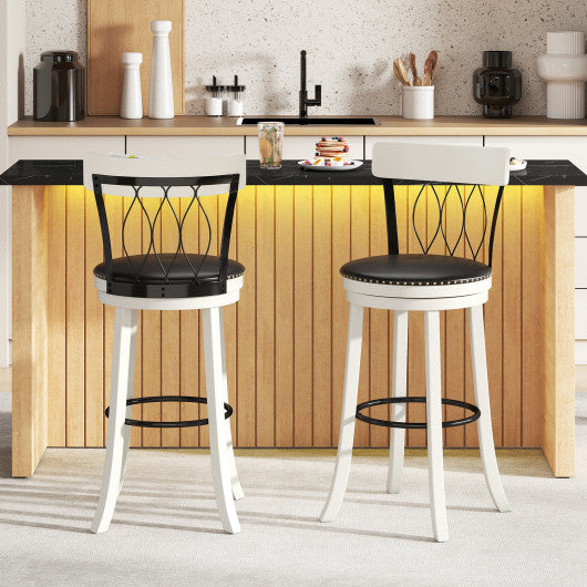 Set of 2 Bar Stools Swivel Bar Chairs with Footrest Rubber Wood Frame and Tufted Rivets-30 inches