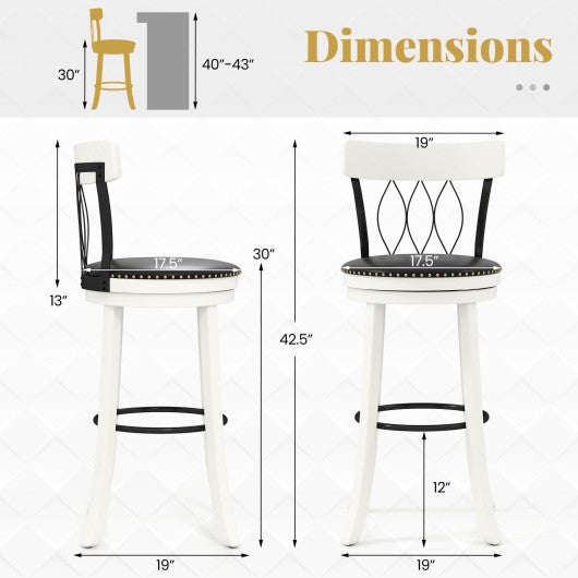 Set of 2 Bar Stools Swivel Bar Chairs with Footrest Rubber Wood Frame and Tufted Rivets-30 inches