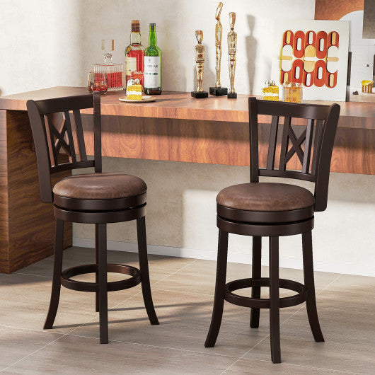 Set of 2 Bar Stools Swivel Bar Chairs with Footrest and Hollowed Backrest-26 inches