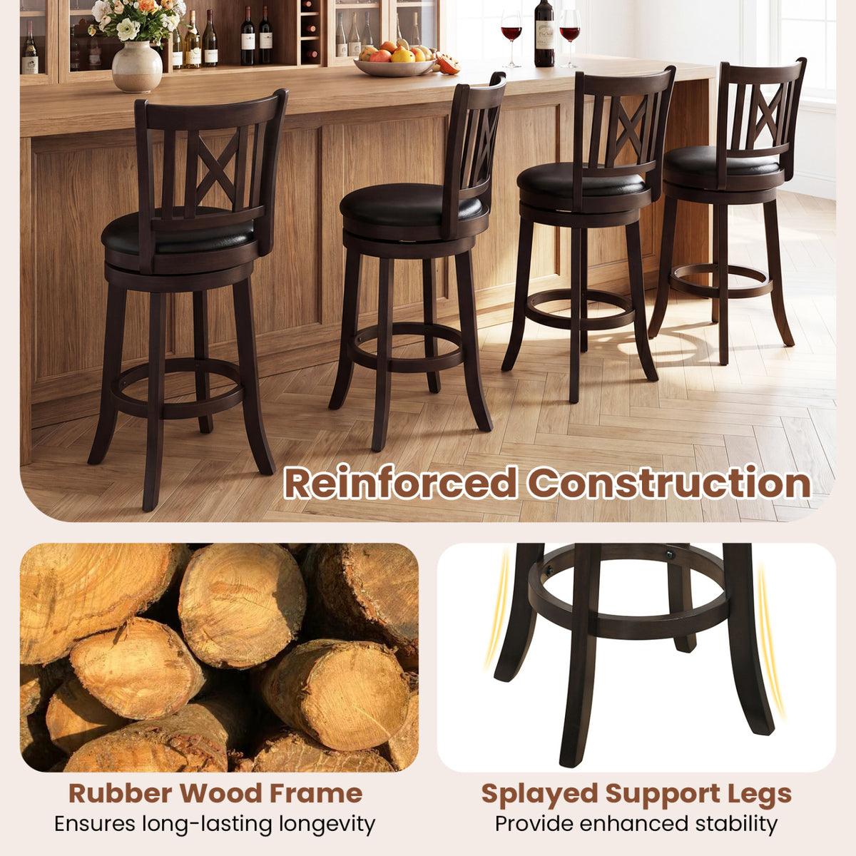 Set of 2 Bar Stools Swivel Bar Chairs with Hollowed Backrest and Footrest-26 inches