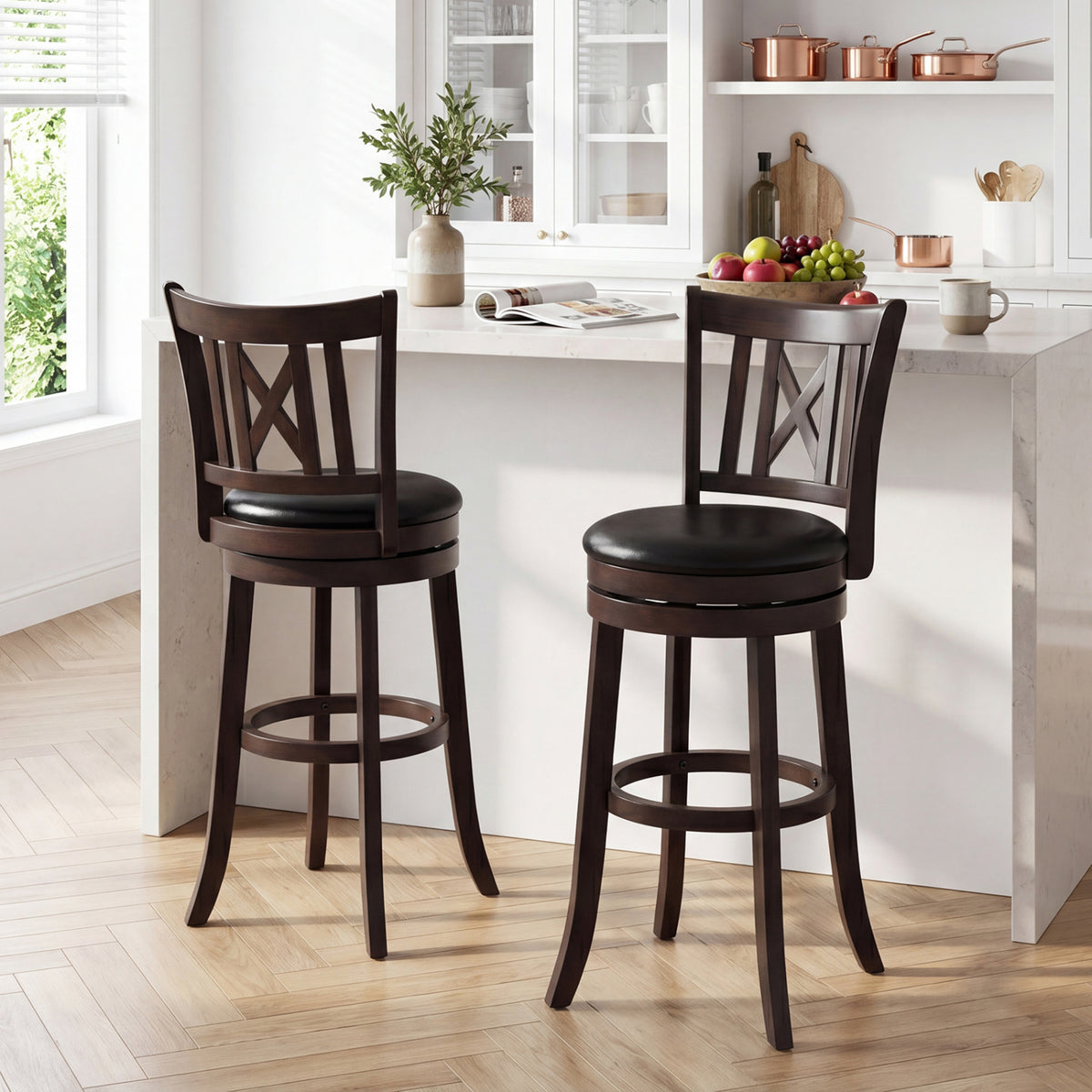 Set of 2 Bar Stools Swivel Bar Chairs with Hollowed Backrest and Footrest-30 inches