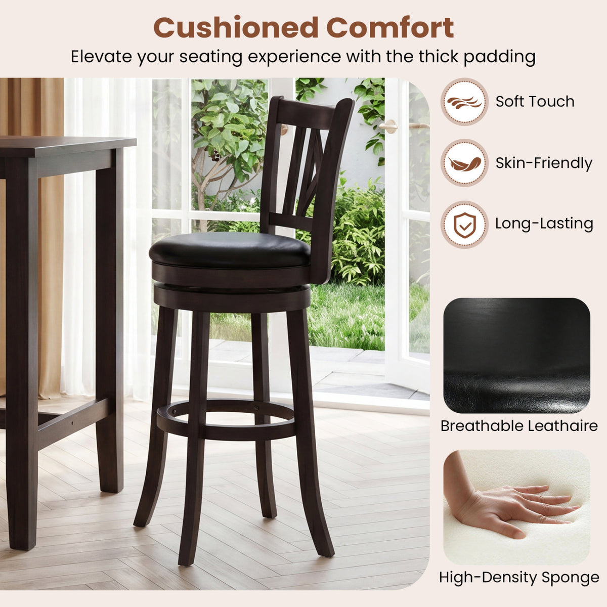 Set of 2 Bar Stools Swivel Bar Chairs with Hollowed Backrest and Footrest-30 inches