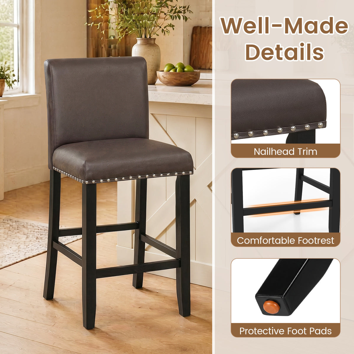 Set of 2 Bar Stools with Back for Kitchen Island-Brown