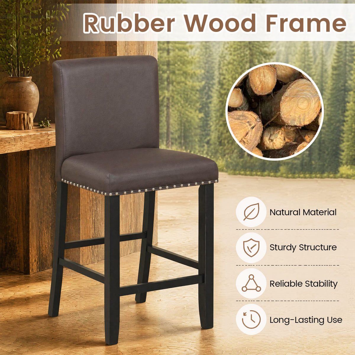 Set of 2 Bar Stools with Back for Kitchen Island-Brown