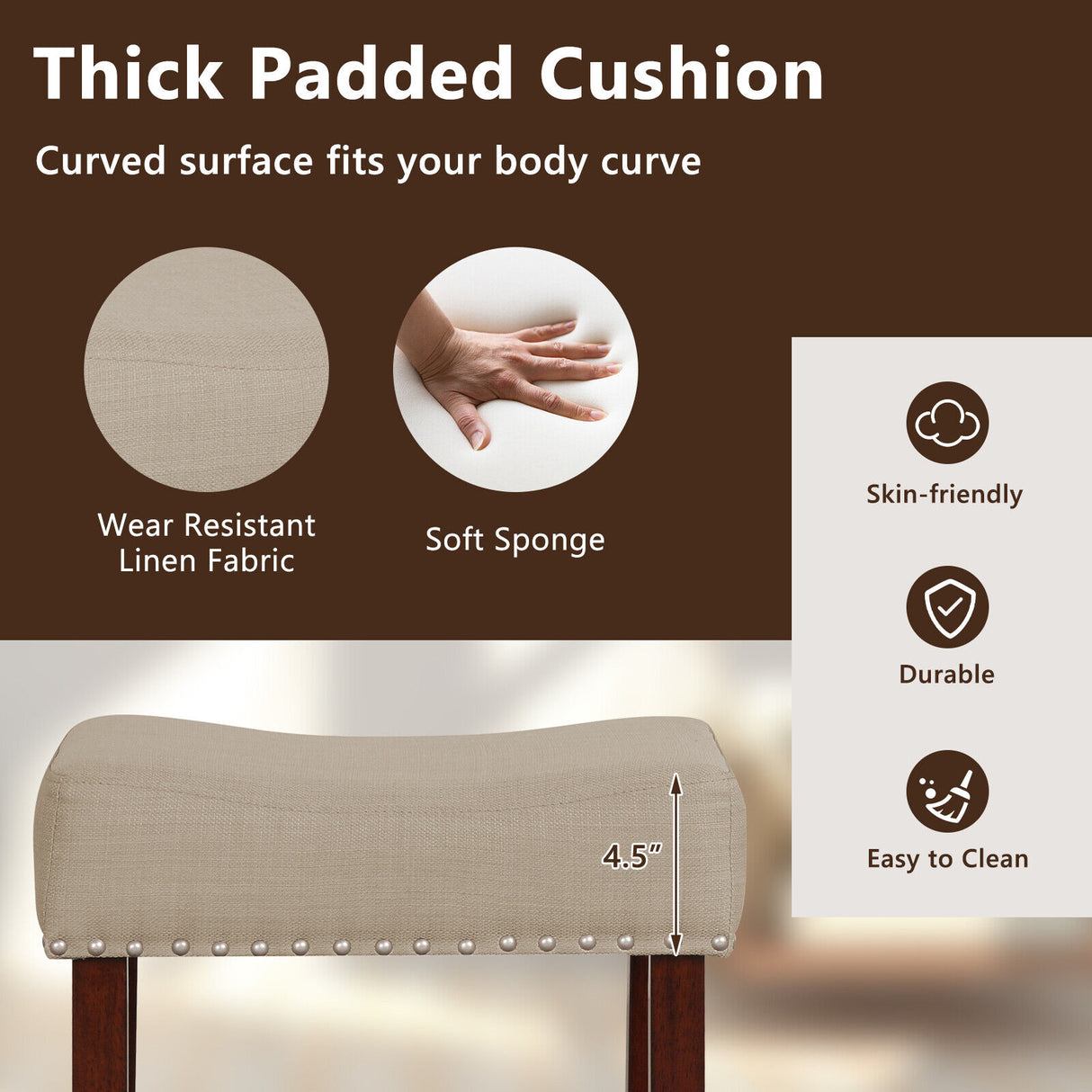 2 Set of 29 Inch Height Upholstered Bar Stool with Solid Rubber Wood Legs and Footrest-Beige