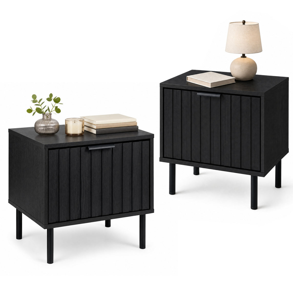 Set of 2 Black Modern Nightstand with Vertical-Striped Storage Drawer-Black