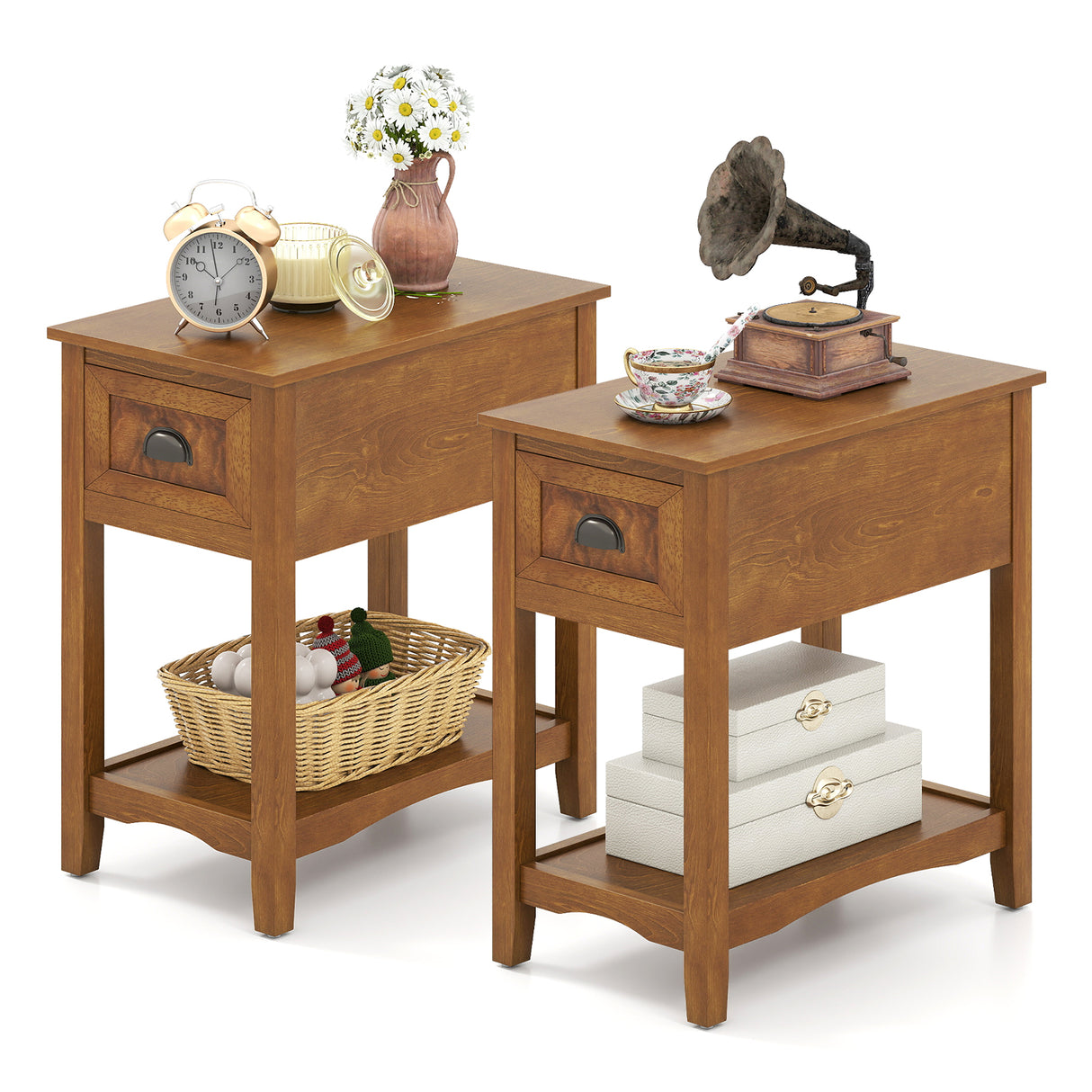Set of 2 Contemporary Side End Table with Drawer-Walnut