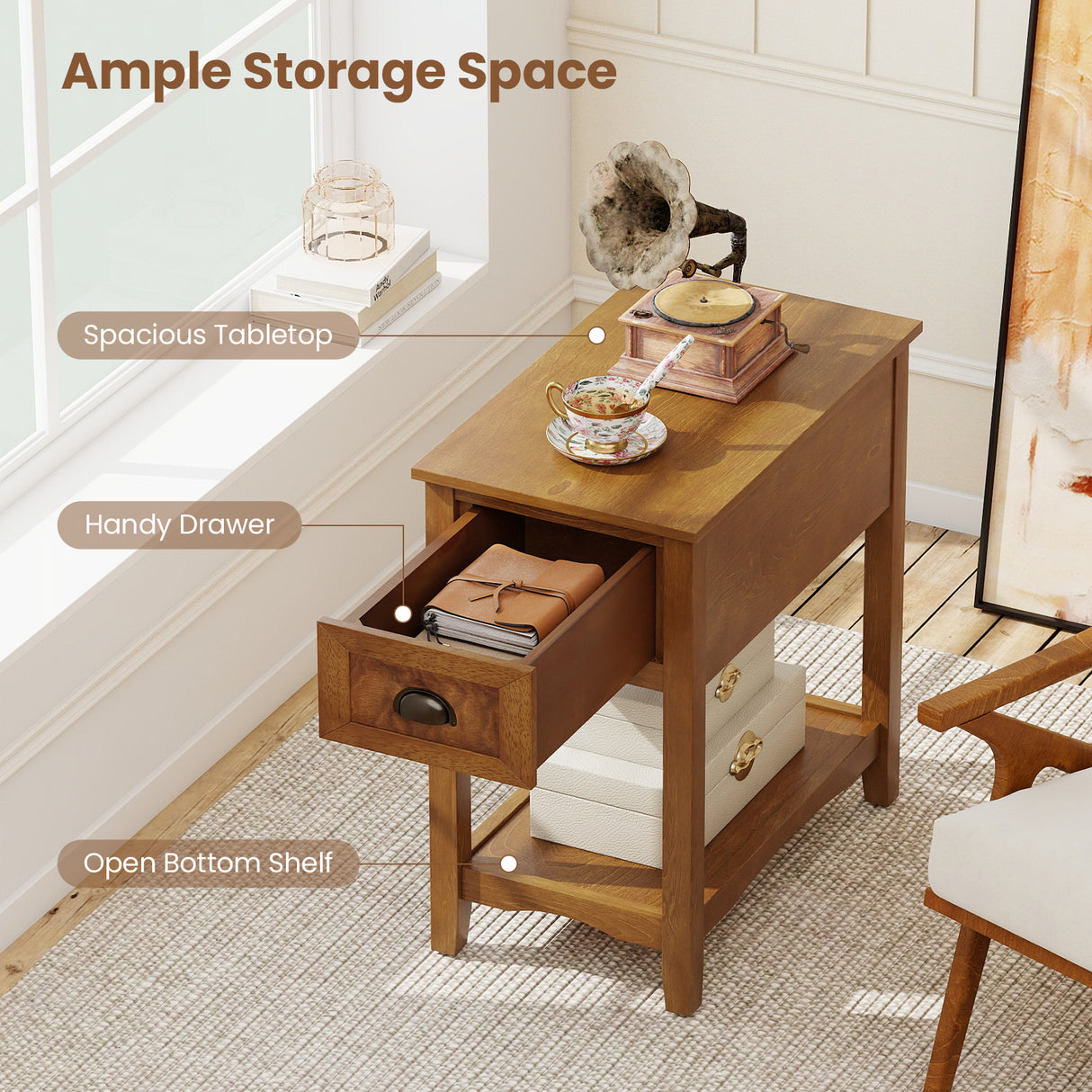 Set of 2 Contemporary Side End Table with Drawer-Walnut
