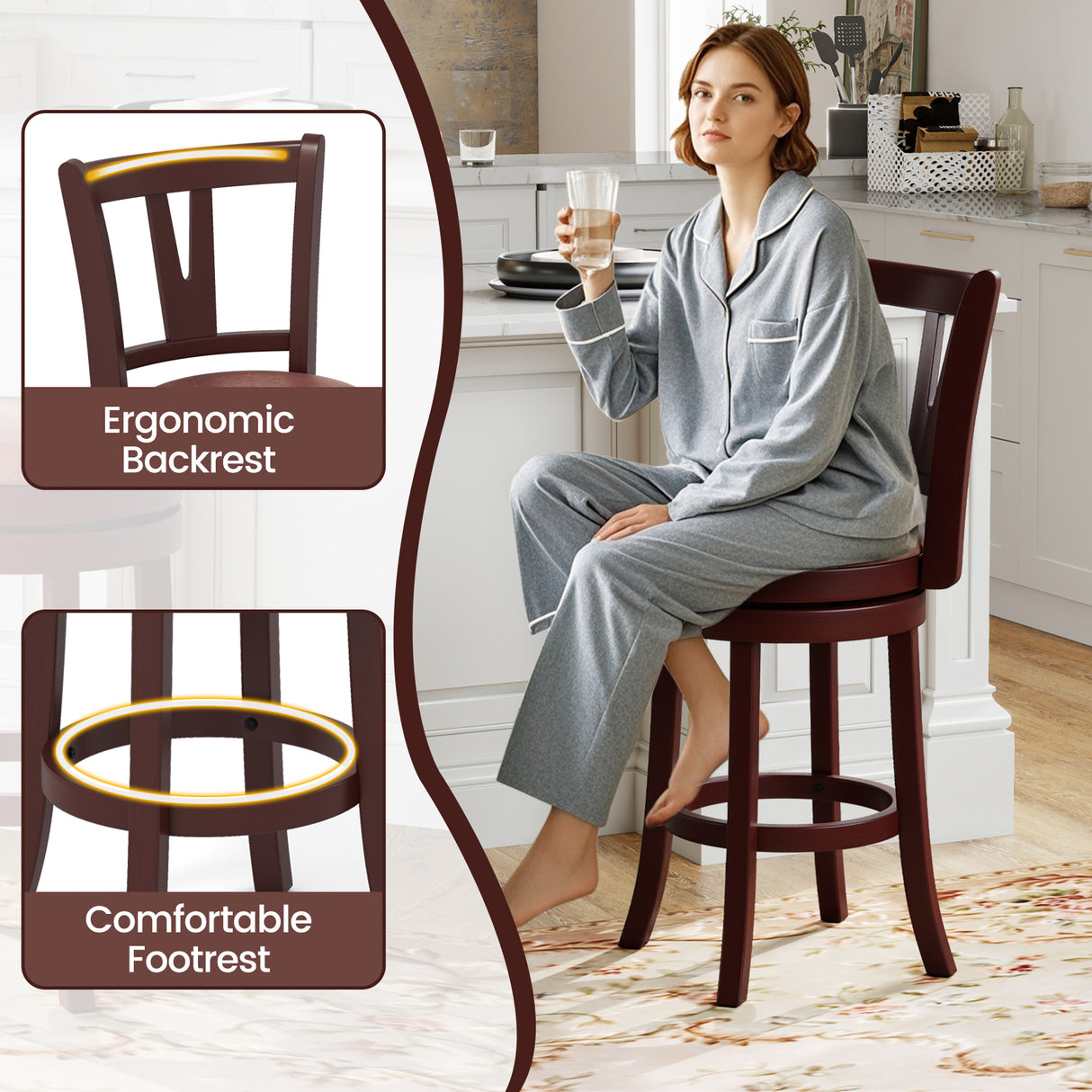 Set of 2 Counter Height Swivel Barstools with High Backs and Footrests-26 inches