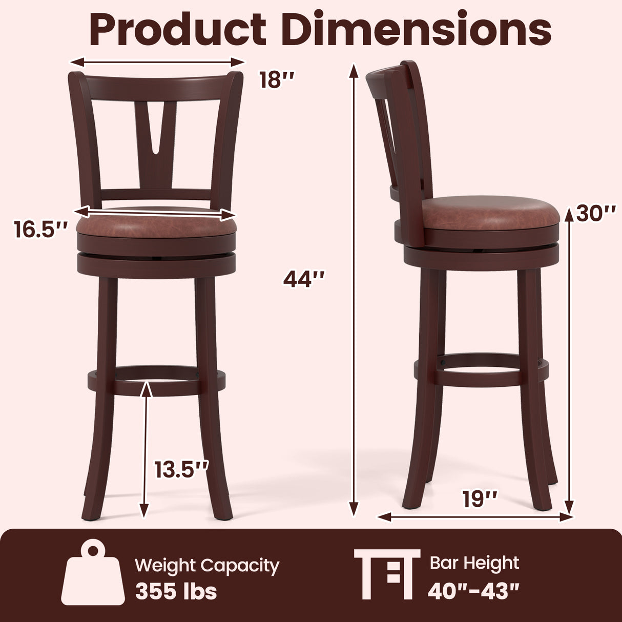 Set of 2 Counter Height Swivel Barstools with High Backs and Footrests-30 inches