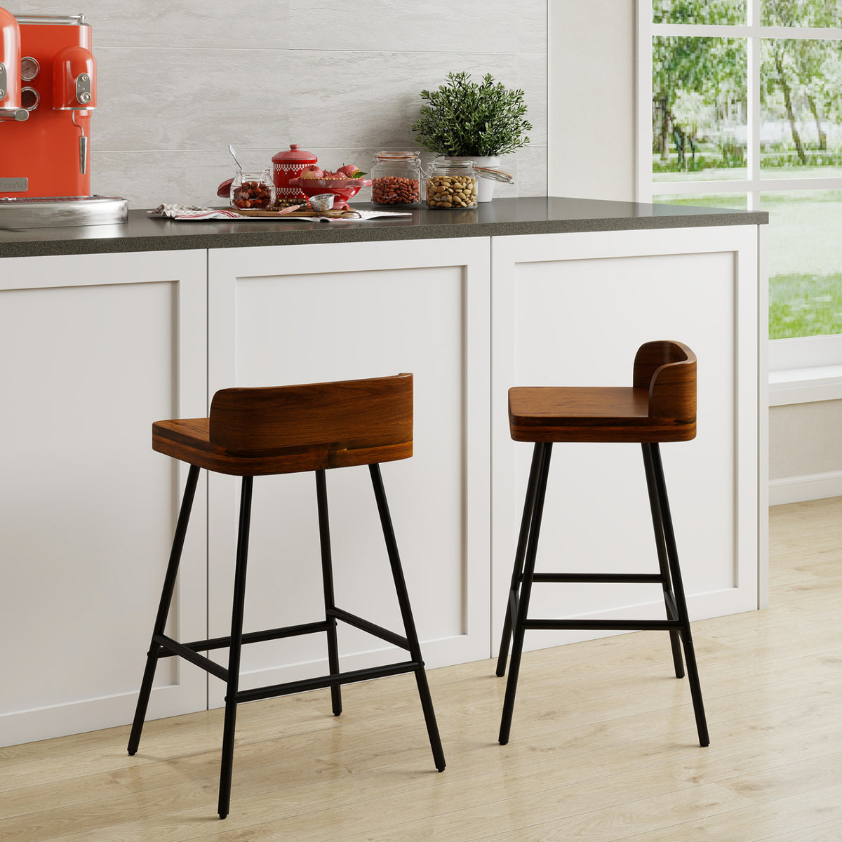 Set of 2 Counter Height Bar Stool with Low Back Metal Legs and Footrest for Kitchen Island-Brown