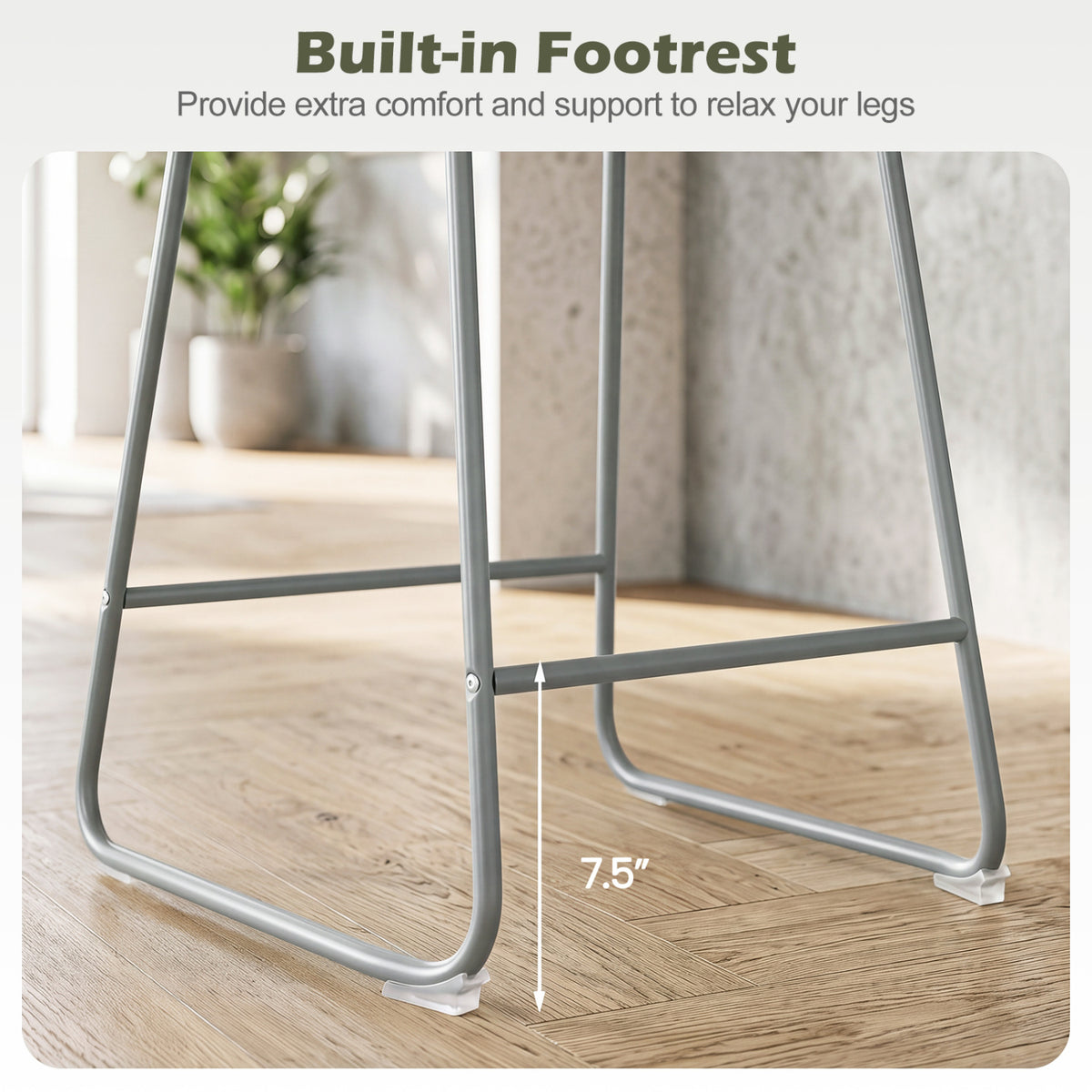 Set of 2 Counter Height Bar Stools with Curved Backrest and Metal Frame for Kitchen Dining-Gray