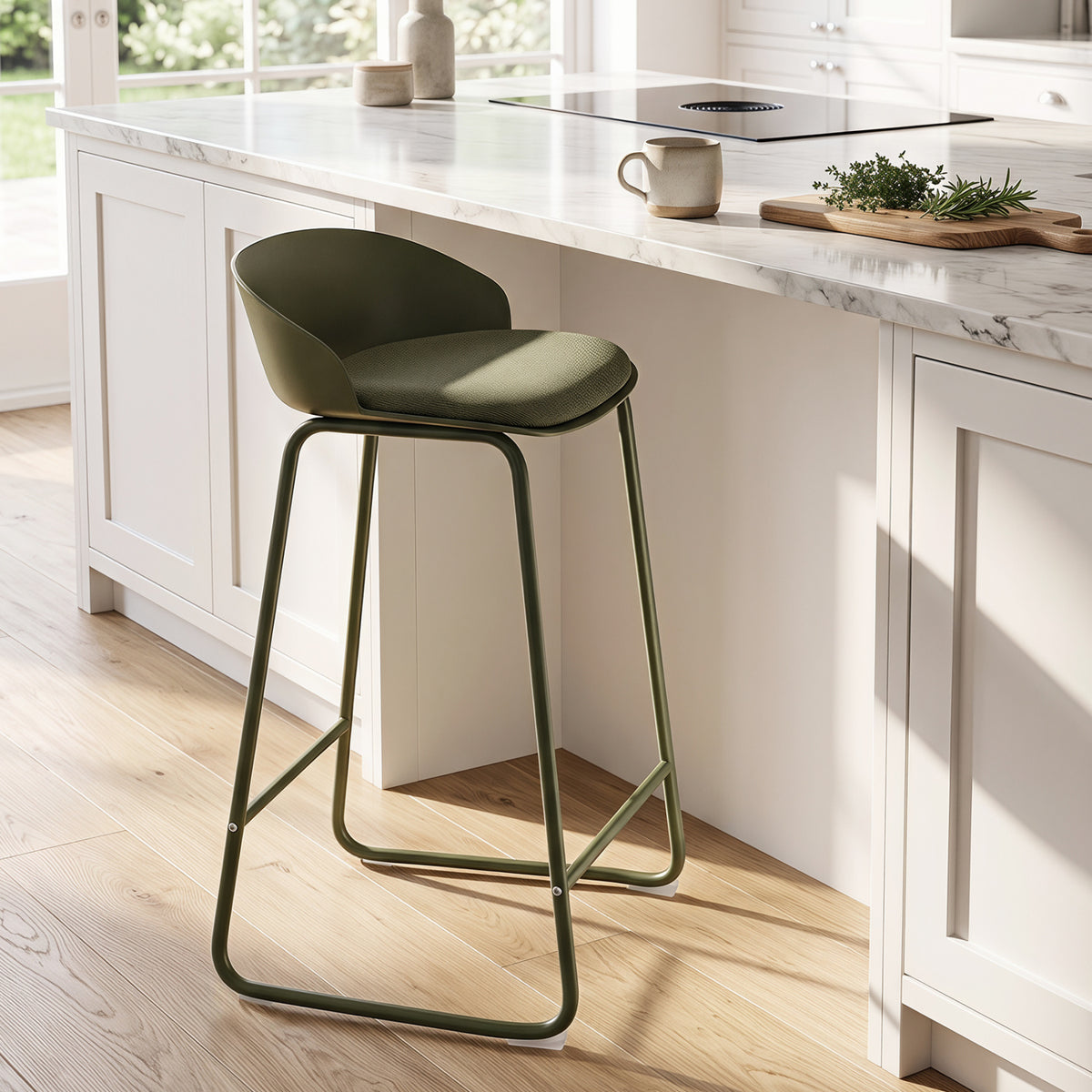 Set of 2 Counter Height Bar Stools with Curved Backrest and Metal Frame for Kitchen Dining-Green