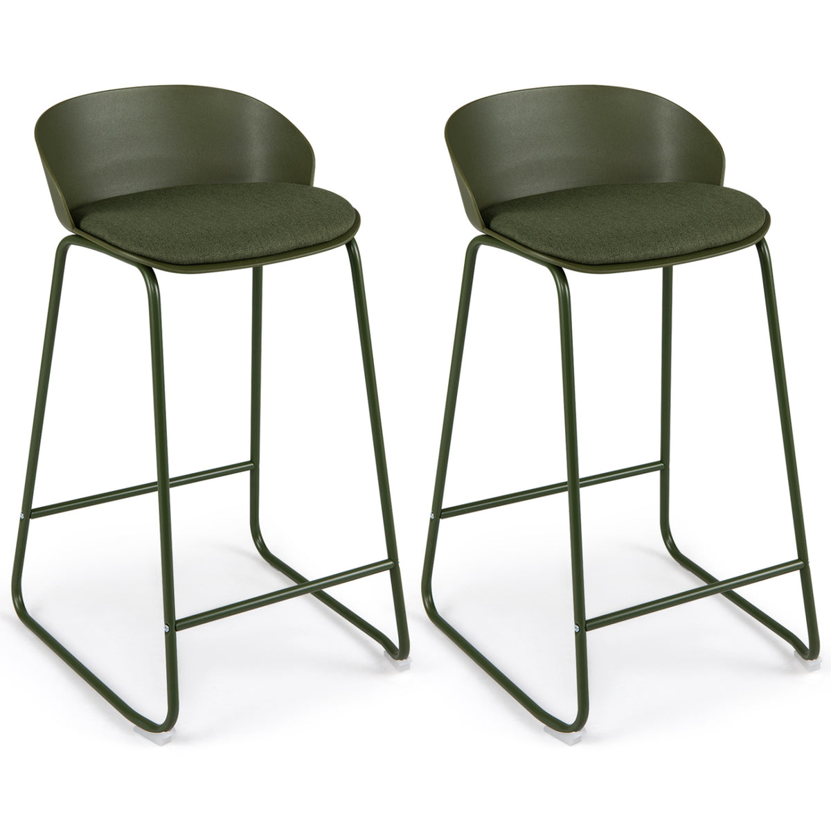 Set of 2 Counter Height Bar Stools with Curved Backrest and Metal Frame for Kitchen Dining-Green