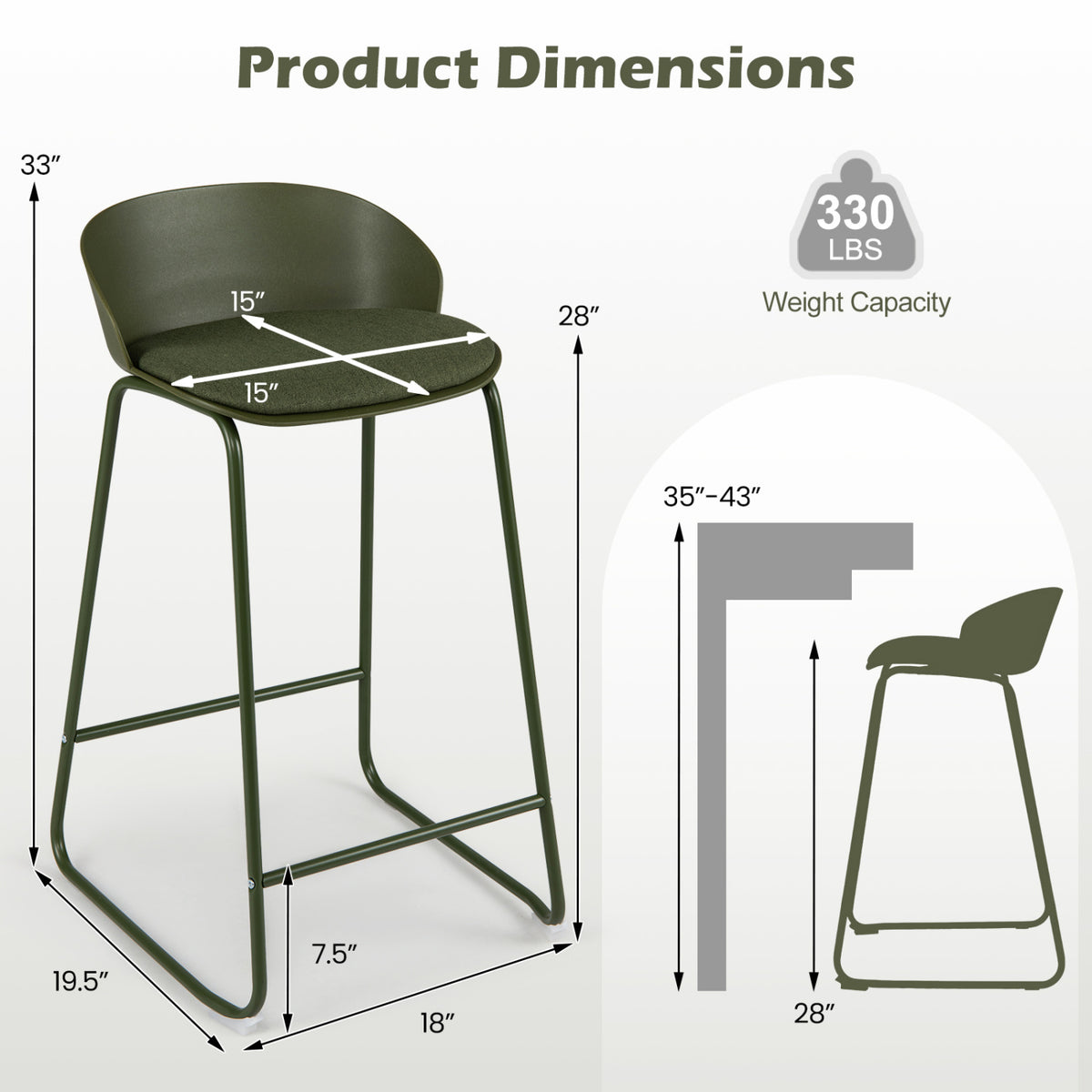 Set of 2 Counter Height Bar Stools with Curved Backrest and Metal Frame for Kitchen Dining-Green