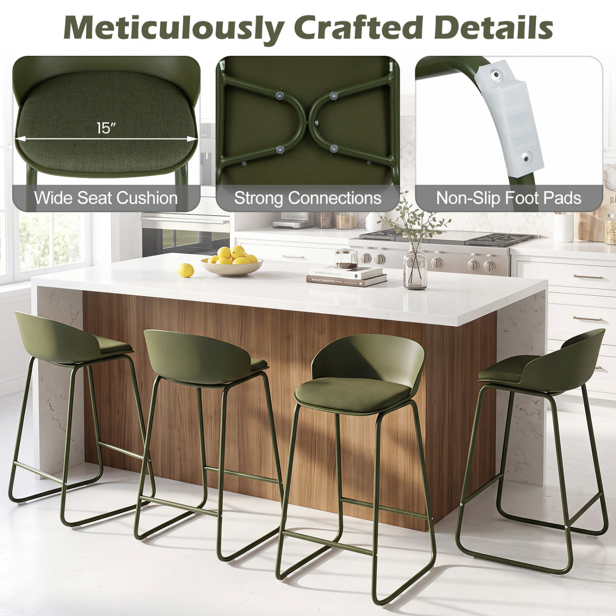 Set of 2 Counter Height Bar Stools with Curved Backrest and Metal Frame for Kitchen Dining-Green