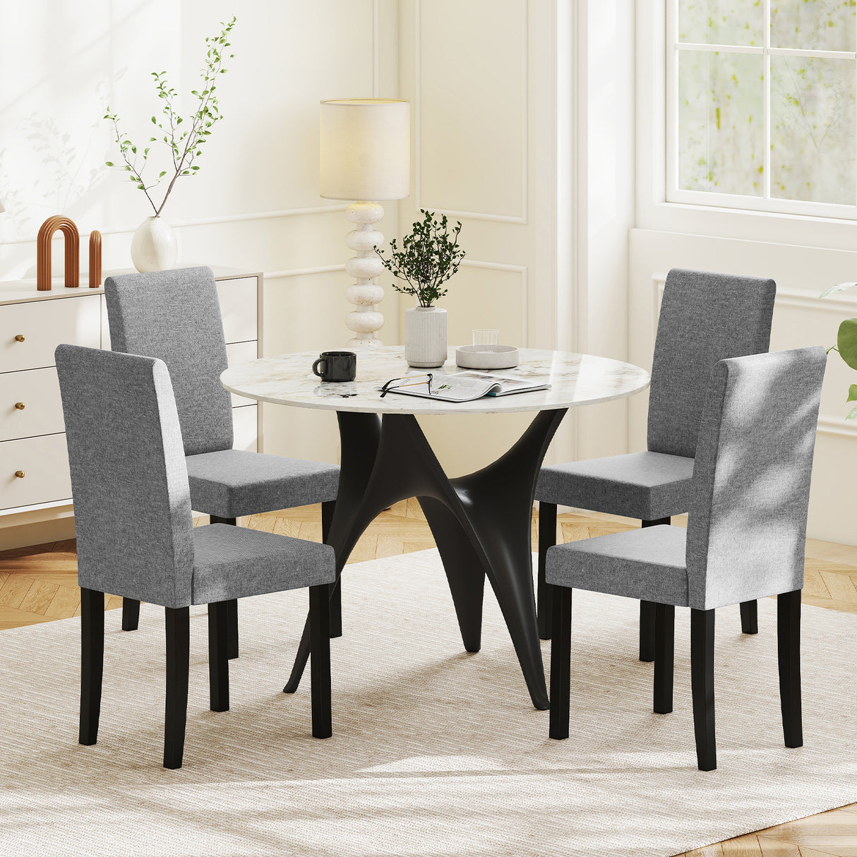 Set of 2 Dining Chair Mid-Century Modern Fabric Upholstered Parson Chairs-Light Gray