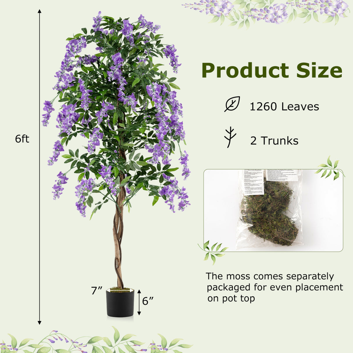 Set of 2 Fake Ficus Plant 6 FT Artificial Wisteria Tree with Natural Trunks and Purple Lifelike Flowers