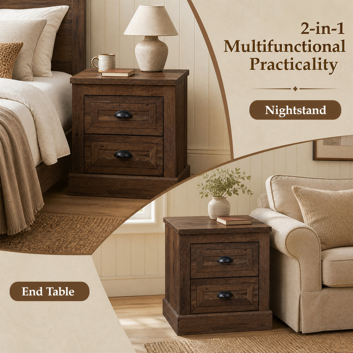 Set of 2 Farmhouse Nightstand with 2 Drawers & Storage for Living Room Bedroom-Brown