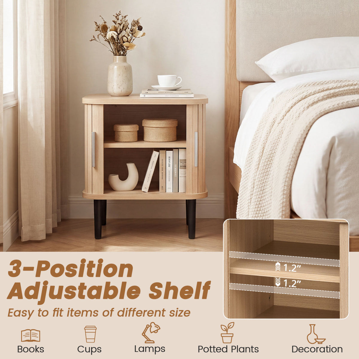 Set of 2 Fluted Nightstand with Sliding Doors and Adjustable Shelf for Small Spaces-Natural