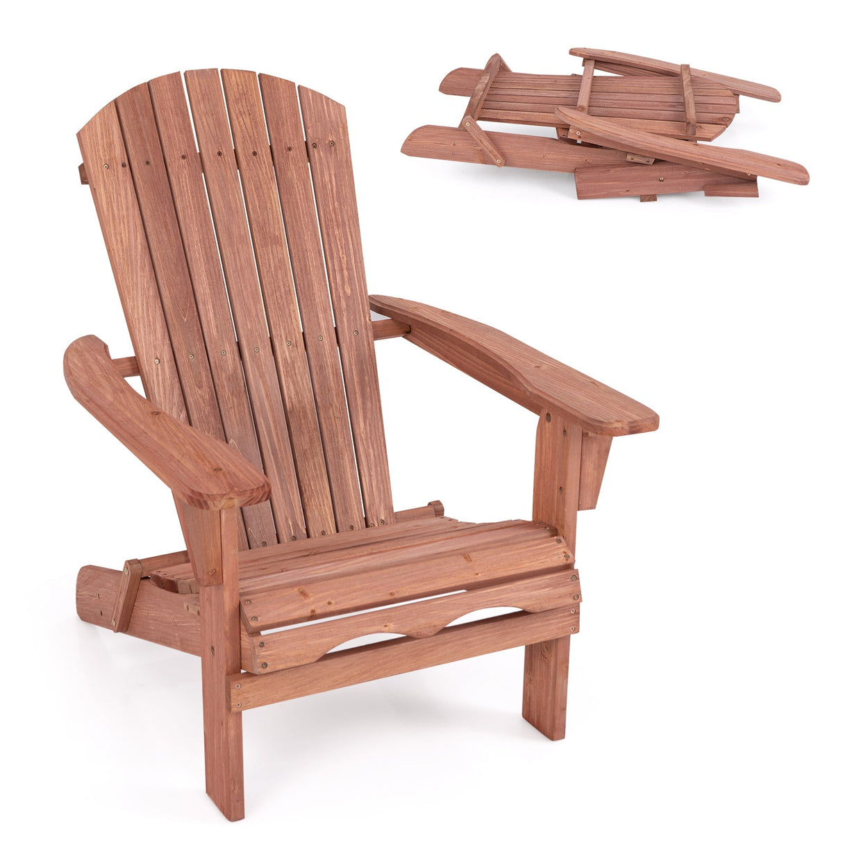 1 Piece Folding Adirondack Chair with High Backrest and Wide Armrests-Brown by DirectDeals