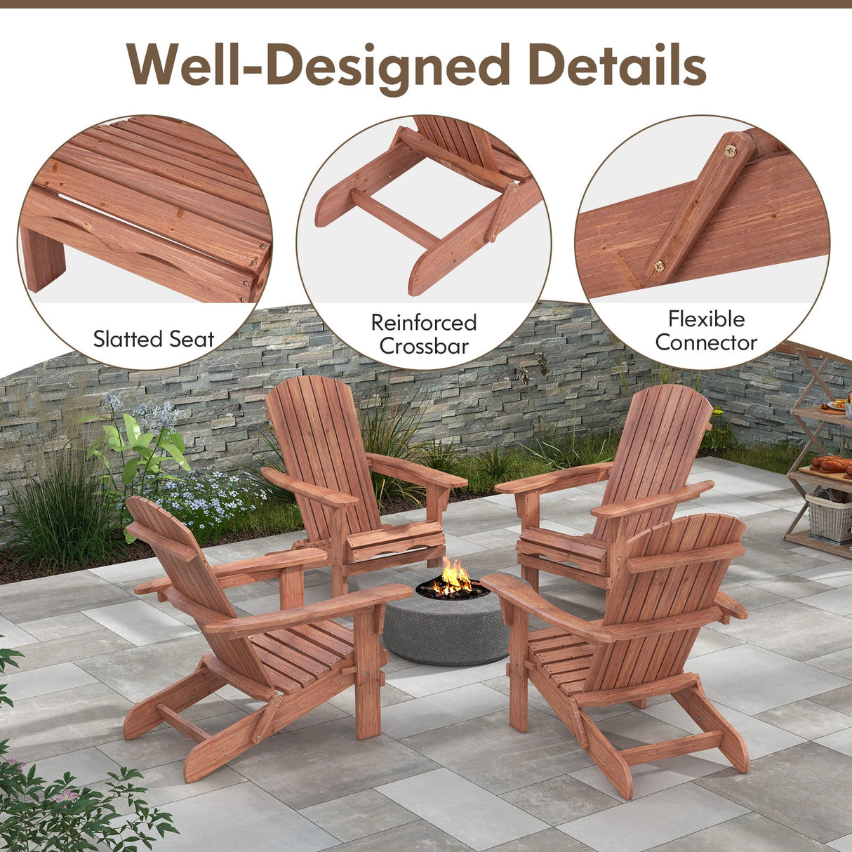 1 Piece Folding Adirondack Chair with High Backrest and Wide Armrests-Brown by DirectDeals