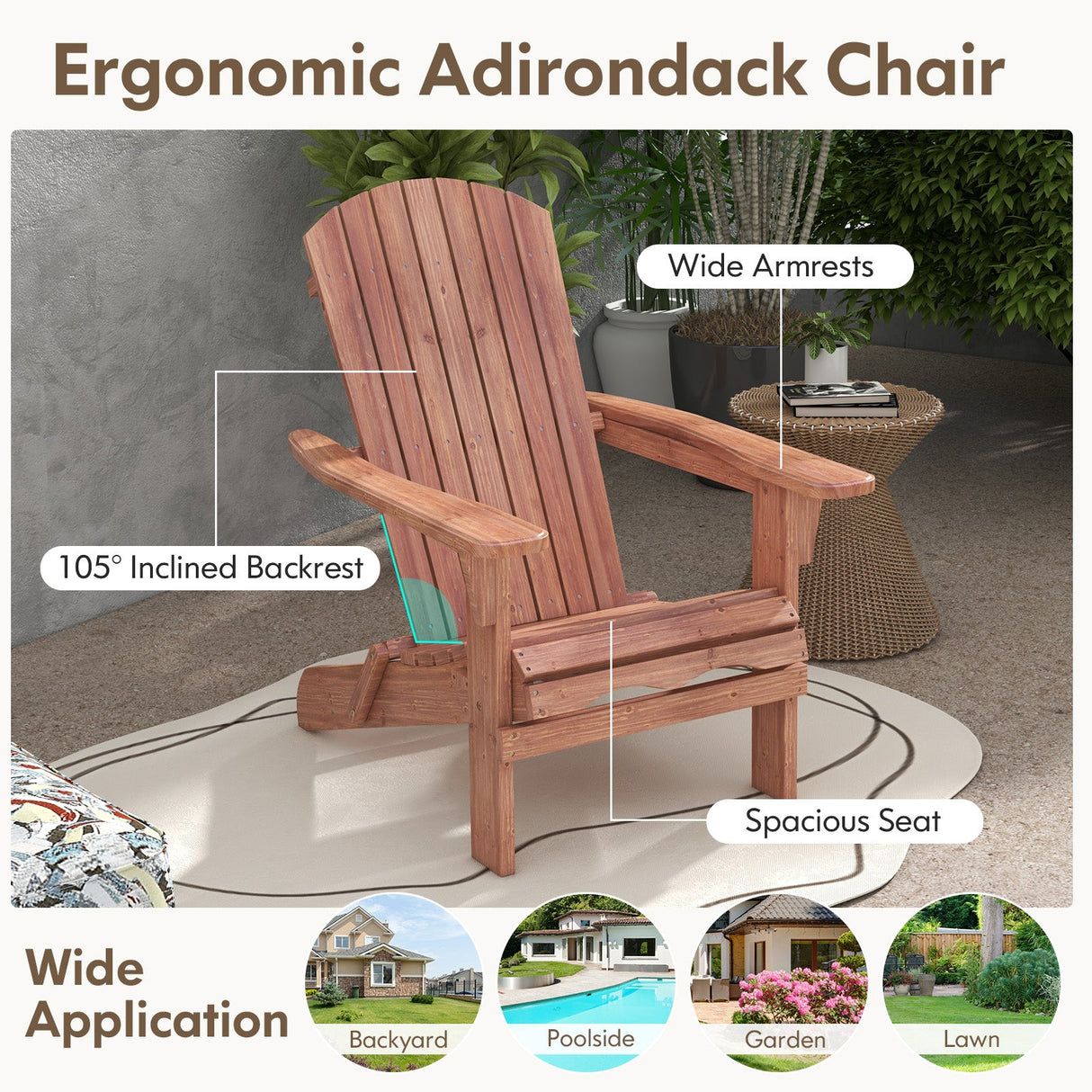 1 Piece Folding Adirondack Chair with High Backrest and Wide Armrests-Brown by DirectDeals