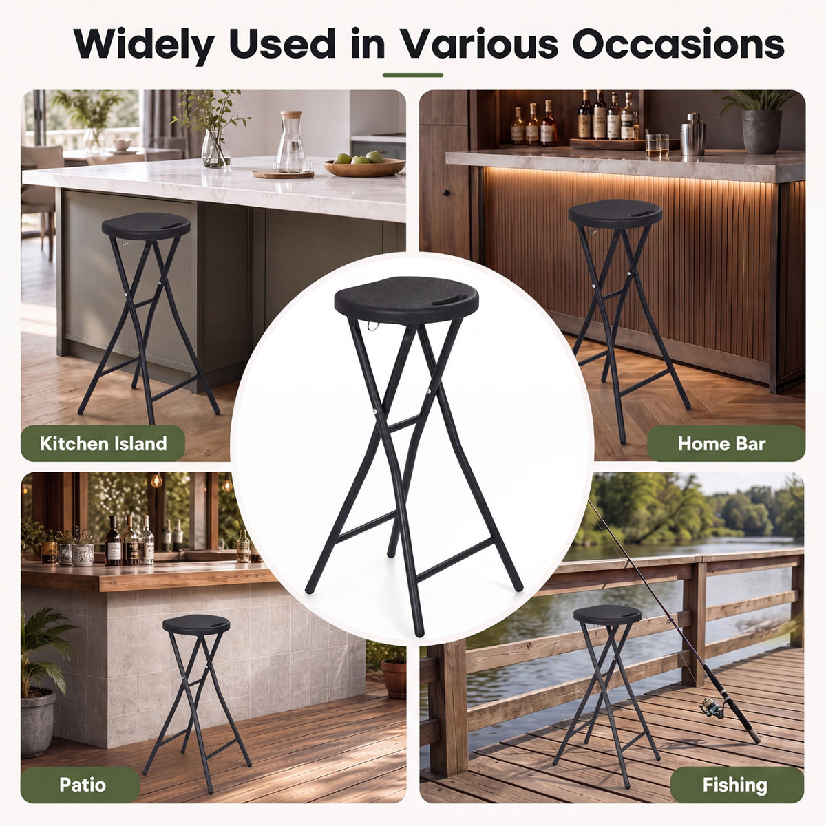 Set of 2 Folding Bar Stool 27.5" with HDPE Seat & Carry Handle for Kitchen Bar-Black