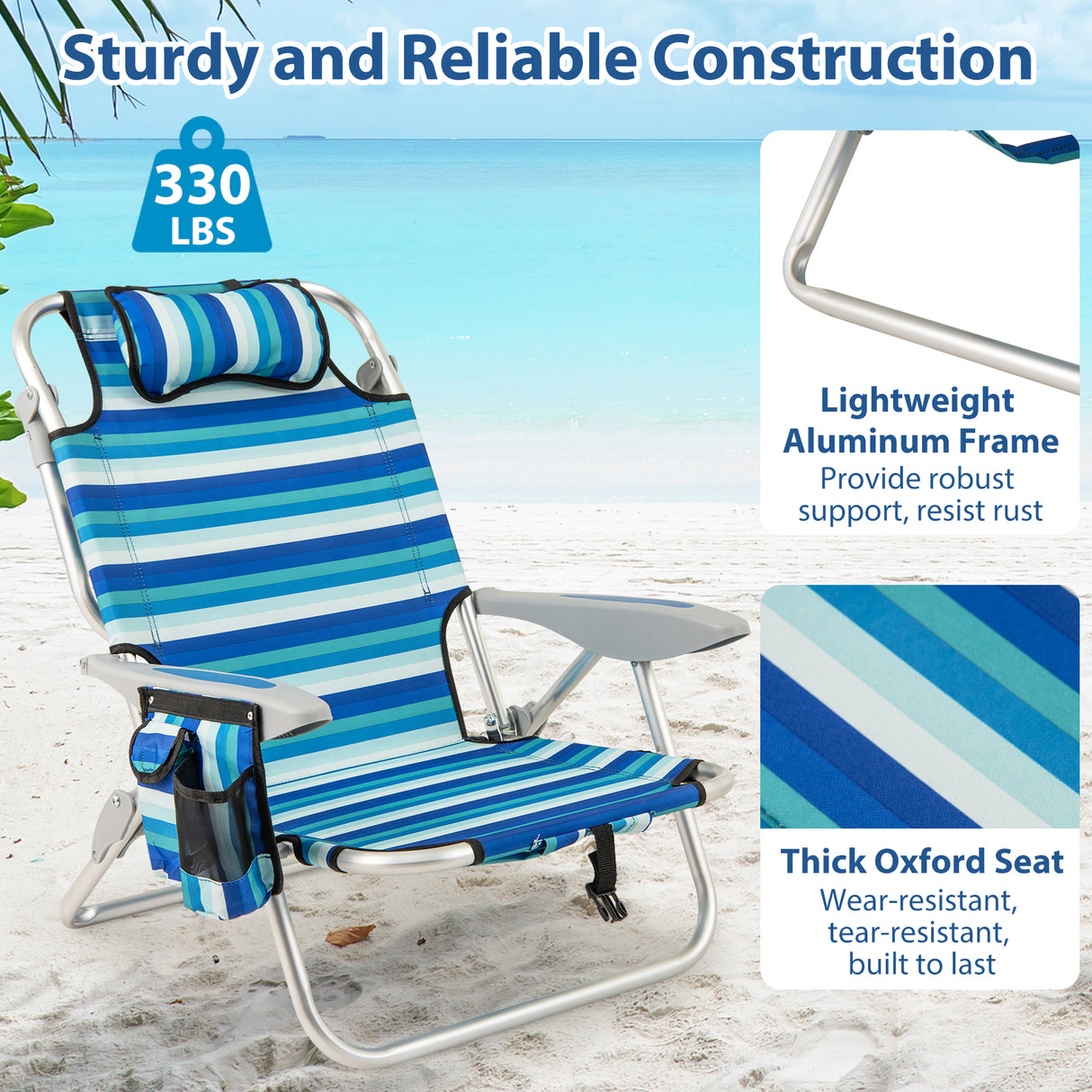 Set of 2 Folding Beach Chair for Adults with 4-Position Adjustable Backrest