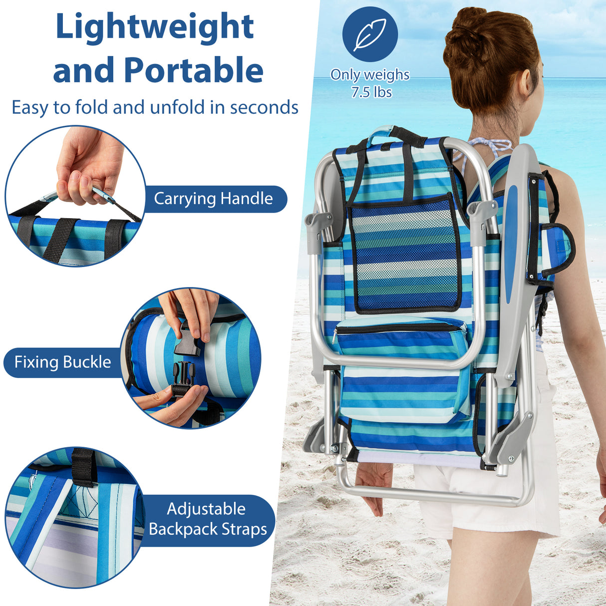 Set of 2 Folding Beach Chair for Adults with 4-Position Adjustable Backrest