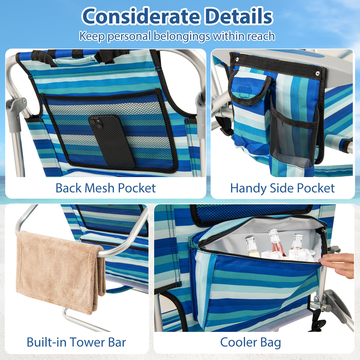 Set of 2 Folding Beach Chair for Adults with 4-Position Adjustable Backrest