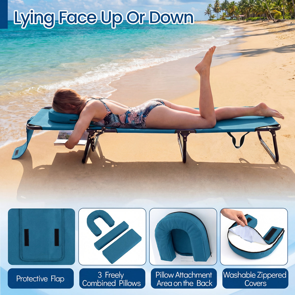Set of 2 Folding Face Down Tanning Chair with Face Hole 3 Removable Pillows-Blue