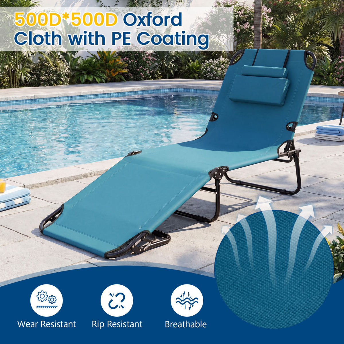 Set of 2 Folding Face Down Tanning Chair with Face Hole 3 Removable Pillows-Blue