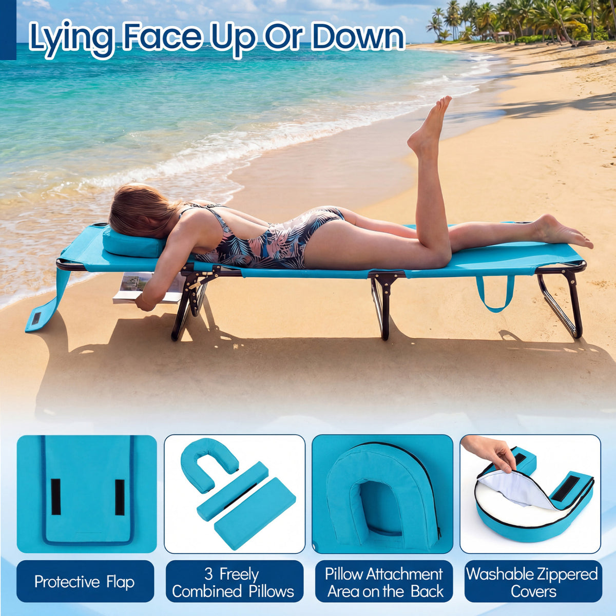Set of 2 Folding Face Down Tanning Chair with Face Hole 3 Removable Pillows-Navy