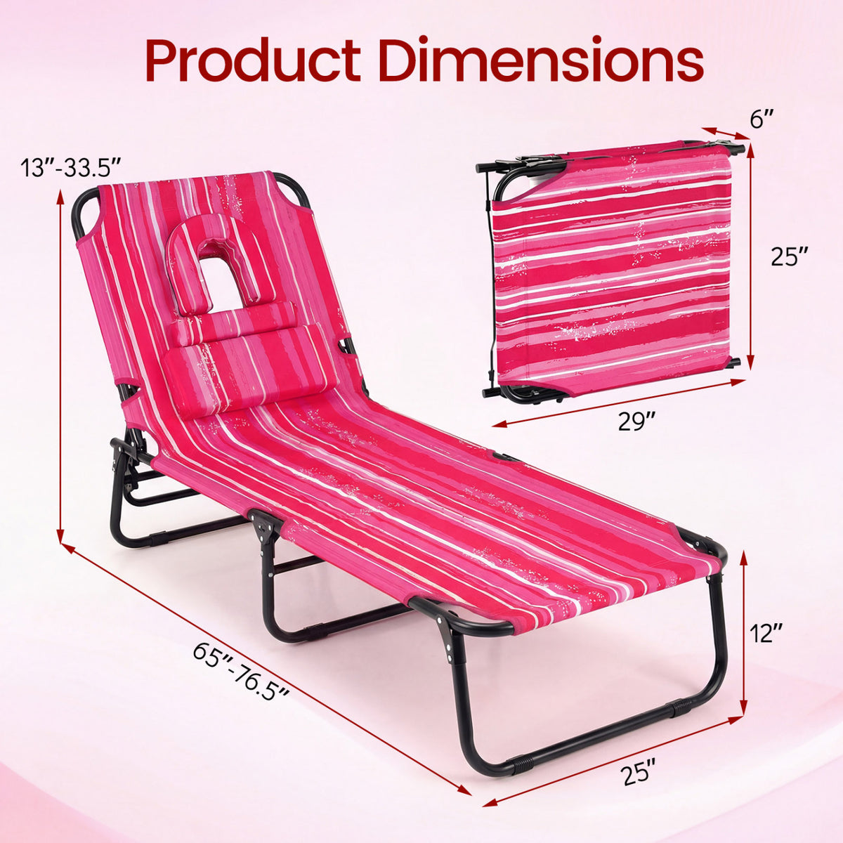 Set of 2 Folding Face Down Tanning Chair with Face Hole 3 Removable Pillows-Pink Stripe