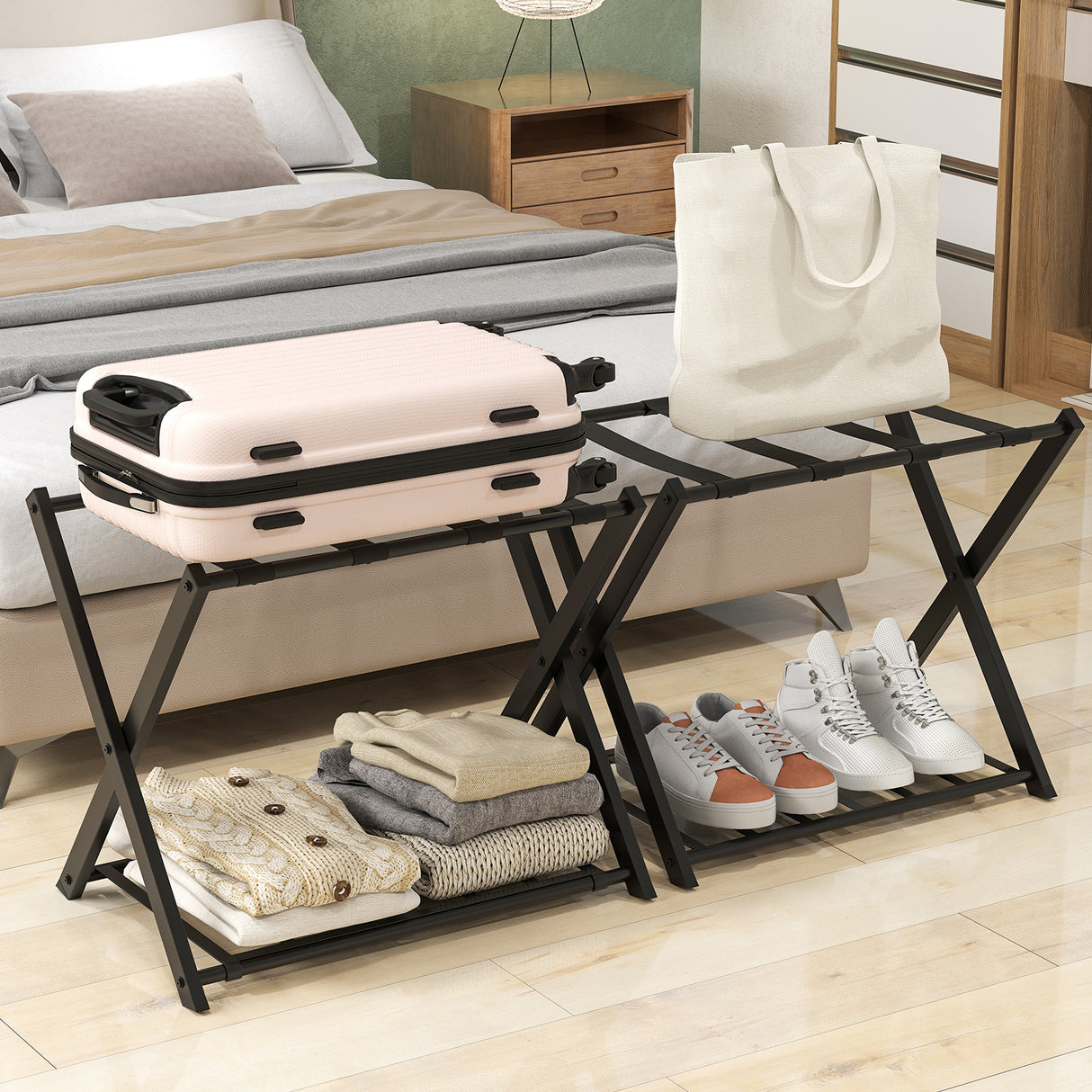 Set of 2 Folding Metal Luggage Rack Suitcase-Black